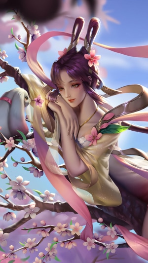 Fantasy girl with rabbit and cherry blossoms