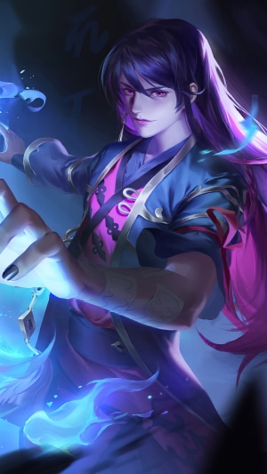 Fantasy Magician with Purple Hair and Blue Energy