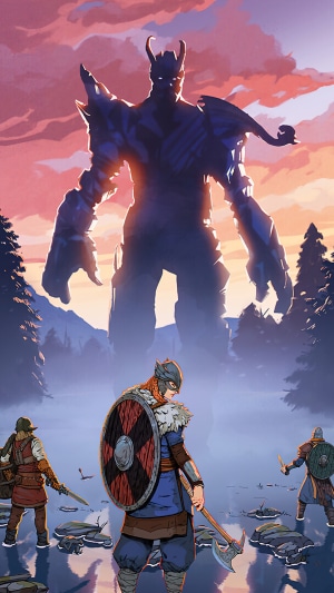 Vikings confront a giant creature in Tribes of Midgard