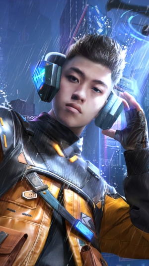 Player in PUBG Mobile with headphones and futuristic jacket