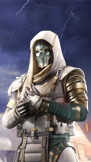 Character from PUBG Mobile in a white and gold outfit