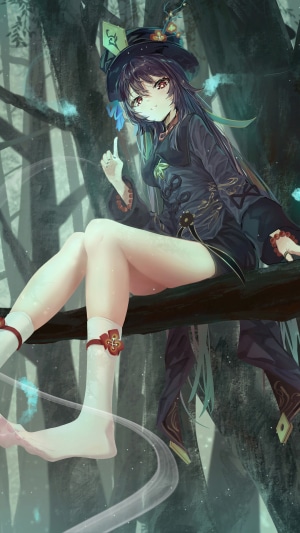 Hu Tao from Genshin Impact sitting on a branch