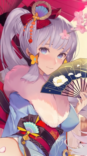 Kamisato Ayaka from Genshin Impact holding a fan