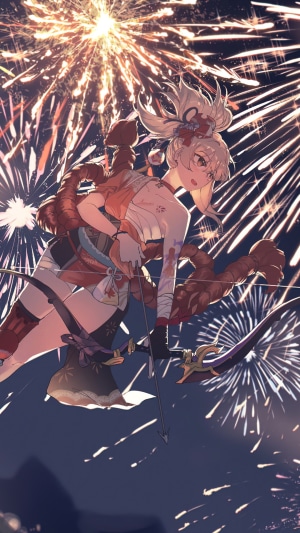 Yoimiya from Genshin Impact with fireworks