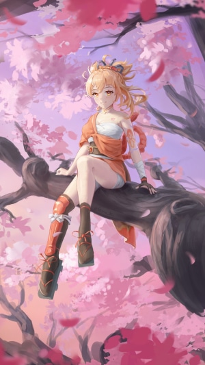Yoimiya from Genshin Impact sitting on a tree branch