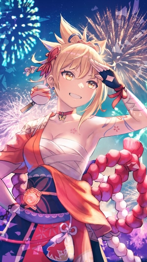 Yoimiya from Genshin Impact with Fireworks