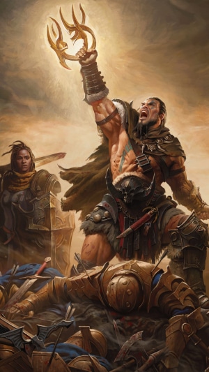 Barbarian from Diablo Immortal holding a golden artifact