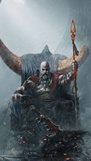 Kratos from God of War Ragnarok sitting on a throne