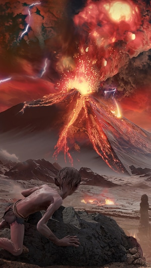 Gollum from The Lord of the Rings in a volcanic landscape