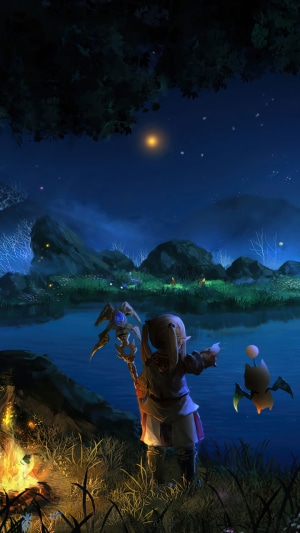 Final Fantasy XIV character by campfire at night
