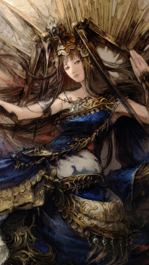 Final Fantasy XIV artwork of a woman in ornate blue and gold attire
