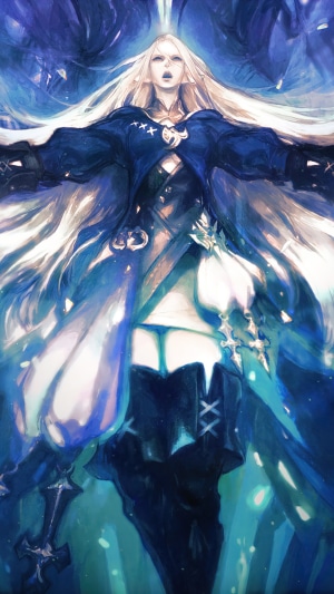 Final Fantasy XIV character with long blonde hair and blue outfit