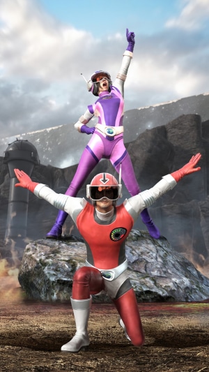 Two characters in superhero costumes posing