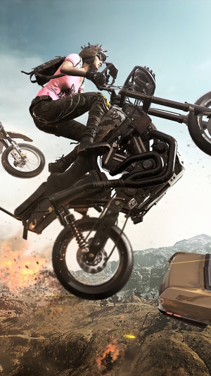 PlayerUnknown's Battlegrounds character on a motorcycle