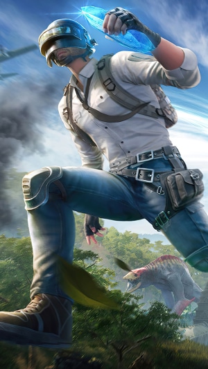 PUBG Mobile character holding a crystal with a dinosaur in background