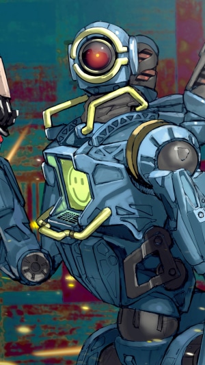 Pathfinder from Apex Legends with a smiley face on screen