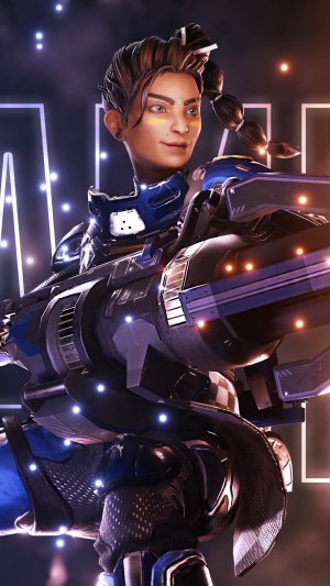 Rampart from Apex Legends holding a large weapon