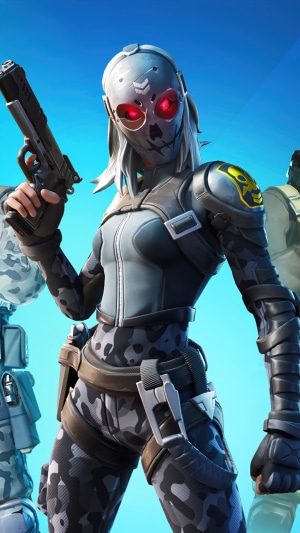 Fortnite character with skull mask and gun