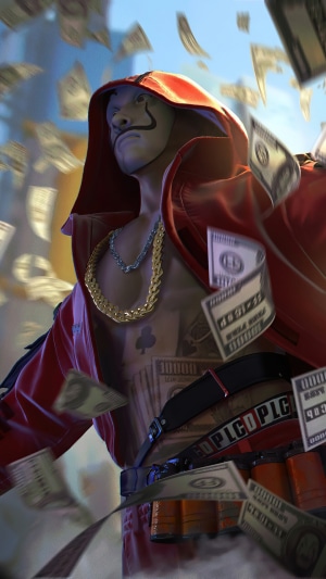 Man in Red Hoodie with Money Falling