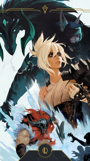 League of Legends characters Riven, Shyvana, Olaf, and Viego