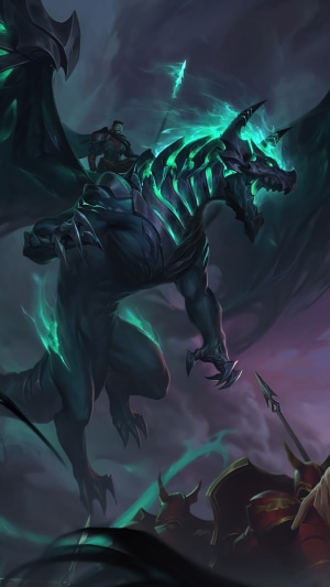 Aatrox from League of Legends riding a dragon