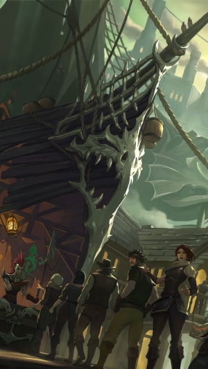 Pirate ship and crew in a port town