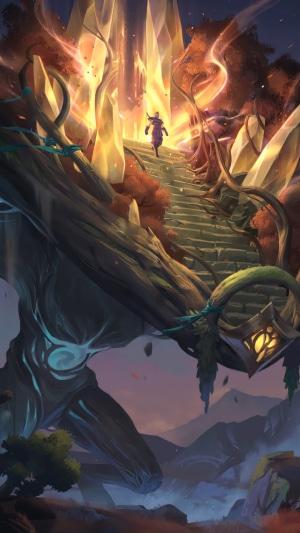 A figure ascends a crystal-lined staircase in Legends of Runeterra