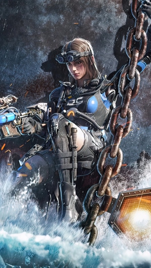 Female soldier with goggles and weapon in water