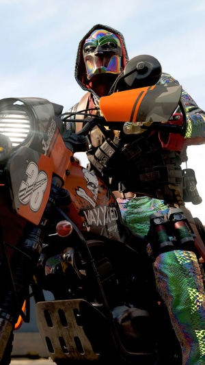 Character from Call of Duty on a motorcycle