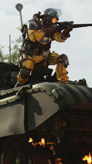 Soldier in Hazmat Suit with Sniper Rifle on Tank in Call of Duty