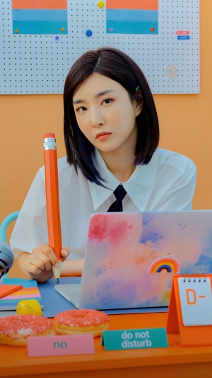 Yuna from Brave Girls holding a large pencil