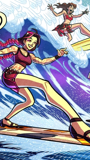 Two women surfing on waves