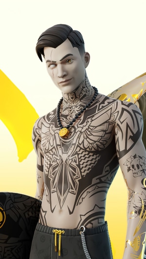 Midas from Fortnite with Tattoos and Gold Accents