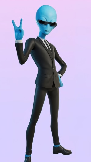 Blue alien in a suit from Fortnite