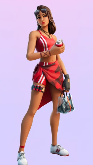 Fortnite character in red summer outfit holding a grenade
