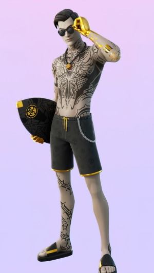 Midas from Fortnite holding a surfboard