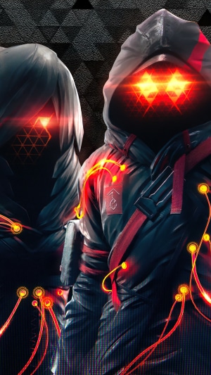 Two figures with glowing red eyes from Scarlet Nexus