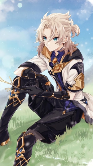 Albedo from Genshin Impact sitting in a field