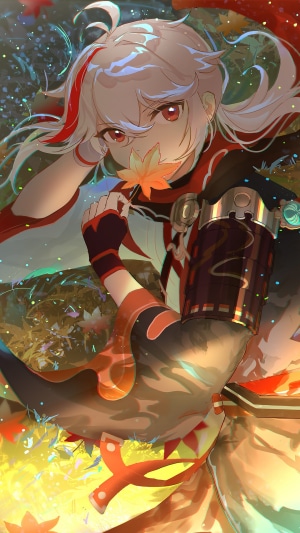 Kaedehara Kazuha from Genshin Impact holding a maple leaf