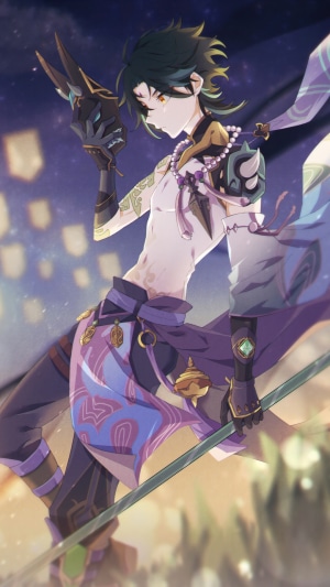 Xiao from Genshin Impact holding a mask