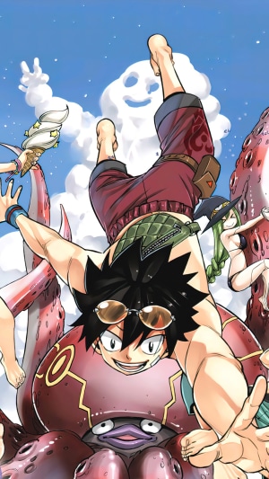 Edens Zero characters on a beach with a sea monster