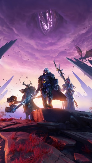 Godfall characters stand on rocks under a purple sky