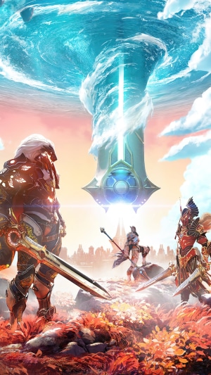 Godfall video game art with warriors and a water vortex