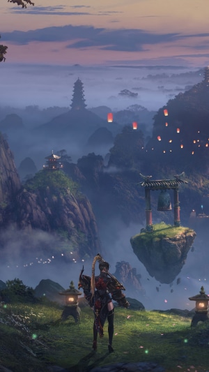 Fantasy landscape with floating islands and lanterns from Lost Ark