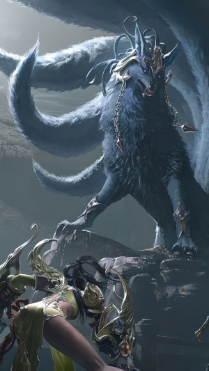 Nine-tailed fox creature and warriors in Lost Ark