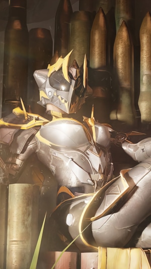 Character in armor with golden accents and bullets