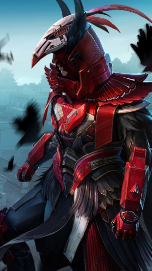 PUBG Mobile character in red and black armor with bird mask