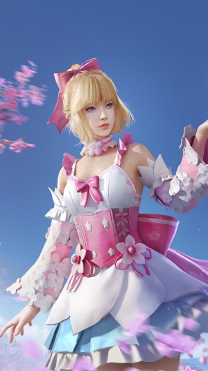 Girl in pink and white dress with cherry blossoms