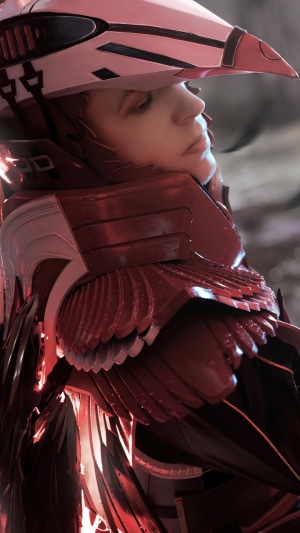 Cosplayer in red and white armor with bird-like helmet