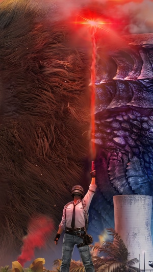 PUBG Mobile Player with Flare Gun near King Kong and Godzilla
